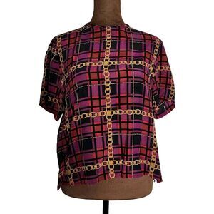 Vintage Diversity Size M Petite Chains Plaid 100% Silk‎ Short Sleeve 80s Women's